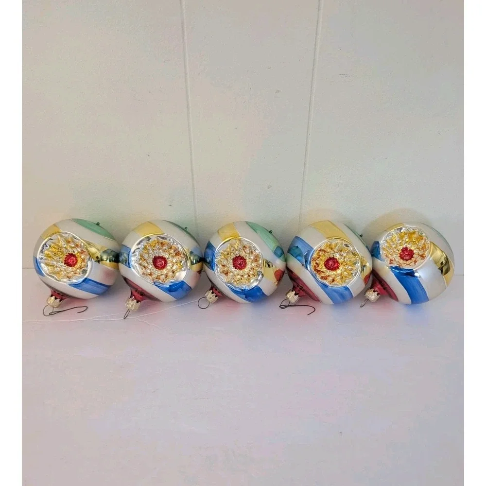 5 Mercury Glass Indent Reflector West Germany Ornaments Blue Green Gold Silver